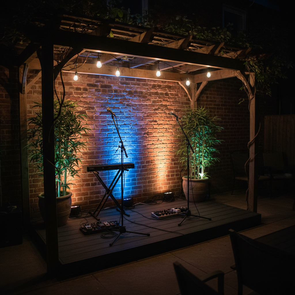 An intimate backyard patio scene where a compact stage is nestled against a brick wall, framed by tall potted plants and a wooden pergola. The stage surface is dark, non-slip decking with subtle texture, supporting empty mic stands, a small keyboard on a stand, and tidy pedalboards. Colored LED lights wash the brick in deep blues and warm ambers, while hidden uplights highlight the foliage. Overhead, a few Edison bulbs add a warm glow. Photographic realism, captured at night from eye level with a slight diagonal composition, shallow depth of field, and strong contrast between dark surroundings and vivid stage lighting, creating a cozy yet bold atmosphere perfect for private shows.