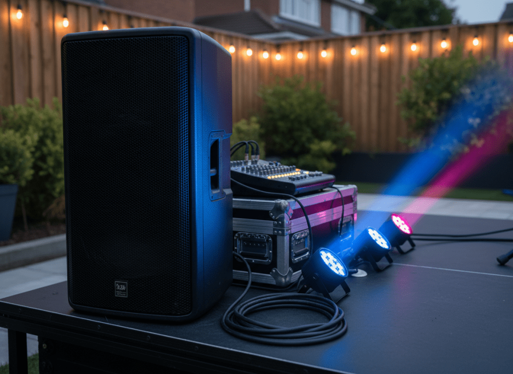 A close-up of a high-end black PA speaker tower and compact digital mixing board resting on a sturdy road case, positioned on the edge of a small backyard stage. Heavy-duty cables snake neatly across the matte-black stage floor toward sleek LED uplights. In the background, out-of-focus fences, shrubs, and a faint glow of patio lanterns suggest a cozy residential yard. Blue and magenta stage lights cut through the dusk, casting dramatic highlights on the speaker grille and metallic mixer knobs. Photographic realism, captured from a low, three-quarter angle, emphasizing texture and detail, with a bold, high-contrast look that conveys the professional power of a private live music setup.