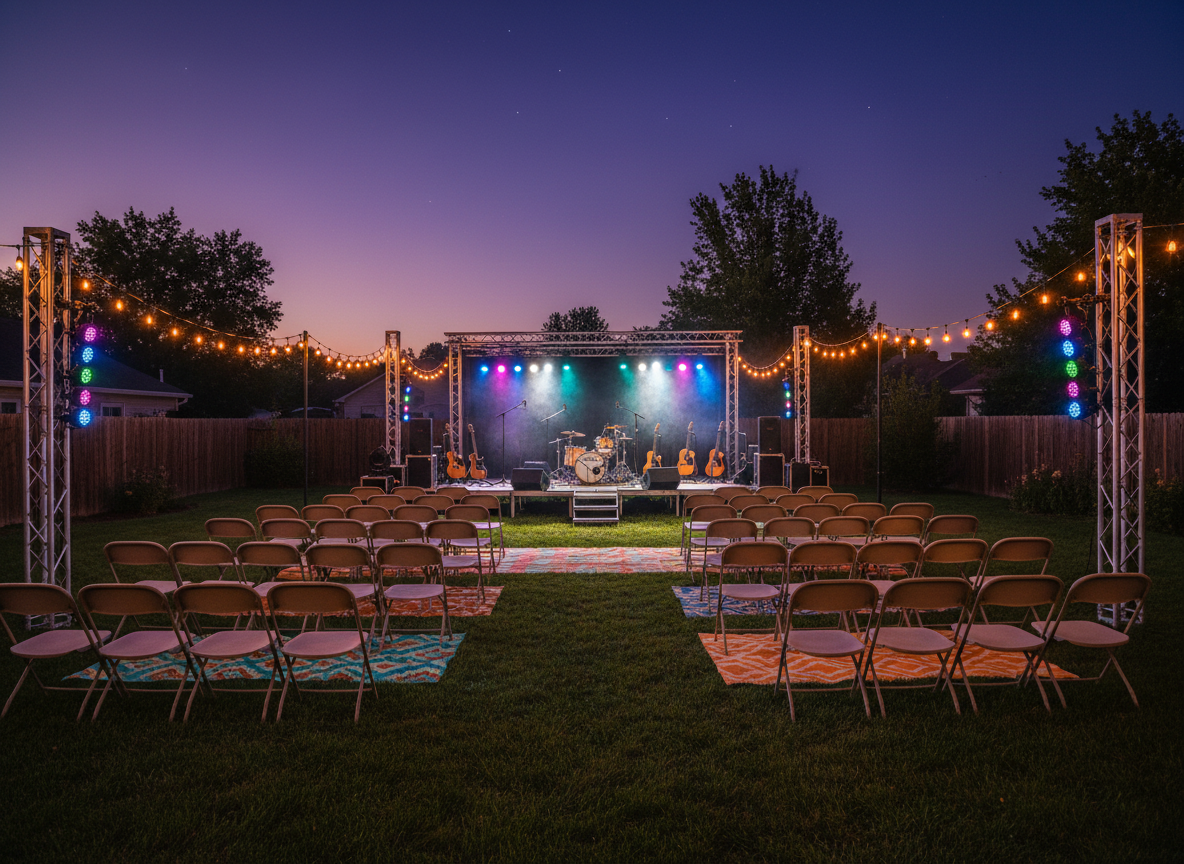 A wide, cinematic view of a long, narrow backyard transformed into a concert venue, with a medium-sized portable stage at the far end. The stage is dressed with drum risers, guitar stands, mic stands, and floor monitors, framed by truss towers supporting vibrant LED wash lights. Rows of empty folding chairs and a few colorful outdoor rugs create a makeshift audience area on the grass. Overhead, bistro string lights glow against a deep twilight sky. Photographic realism, shot from a slightly elevated angle at the back of the yard, with sharp focus throughout to showcase the entire setup. The mood is anticipatory and electric, as if the show is minutes from starting, bold and immersive.