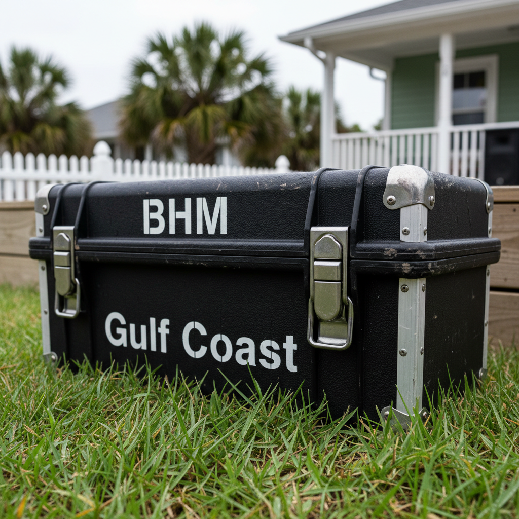 A close-up, detail-rich shot of a rugged black equipment case stenciled with "BHM" and "Gulf Coast" airport-style tags, sitting on slightly damp grass beside a small stage platform. The case corners are reinforced with brushed metal, scuffed from travel, and heavy-duty latches catch the soft, overcast daylight. Behind it, softly blurred, are palm fronds, a low wooden fence, and a hint of a coastal bungalow, suggesting a Gulf Coast backyard setting. Photographic realism, shot from very low angle near ground level, with shallow depth of field emphasizing the texture of the case and blades of grass. The mood is adventurous and on-the-road, hinting at Yard Stage’s regional reach and mobility.