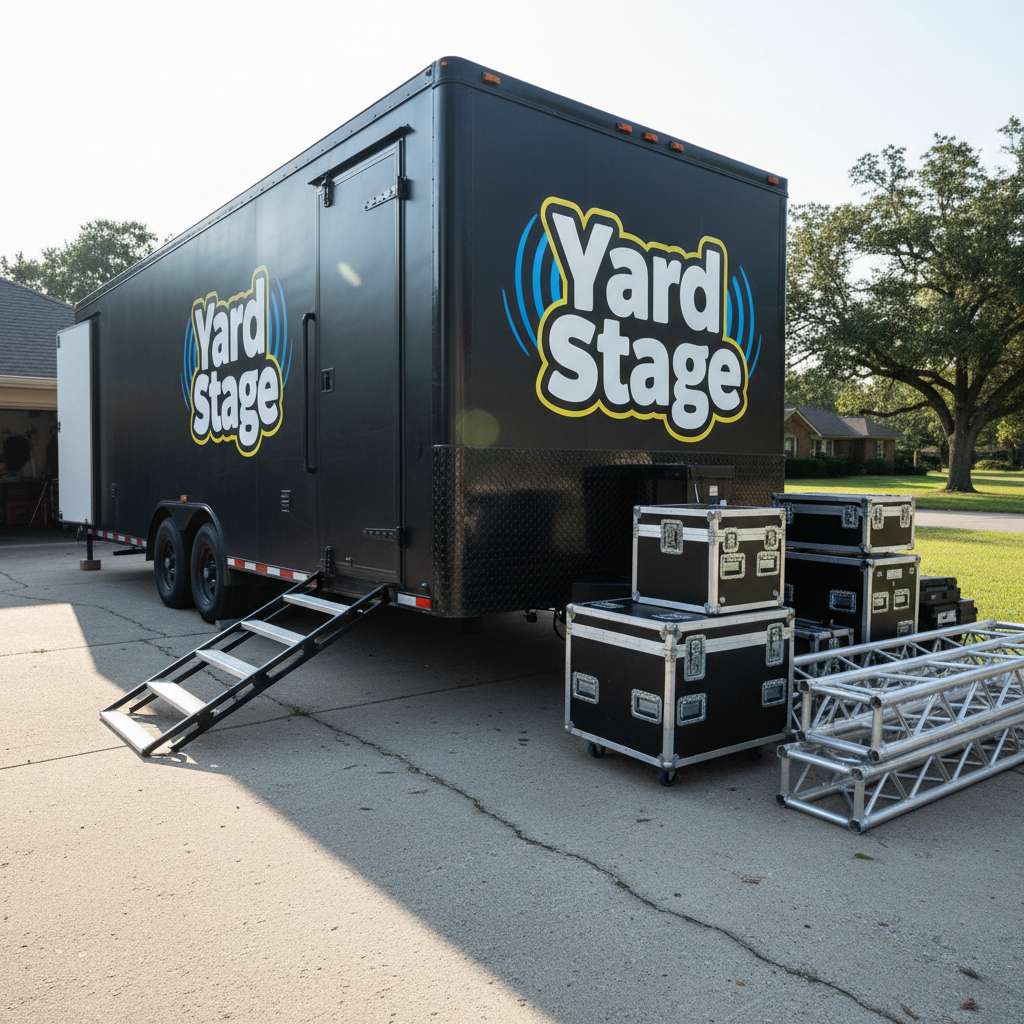 A portable stage trailer parked in a quiet driveway, partially unfolded into a performance platform. The trailer’s matte-black exterior is branded with a large, clean "Yard Stage" logo in bright, bold lettering, with graphic sound waves subtly ghosted in the background. The metal ramp extends toward cracked concrete, and neatly stacked road cases and folded truss segments sit nearby, ready for deployment. It’s mid-morning with crisp, clear sunlight creating sharp-edged shadows and strong reflections on the trailer’s metal hardware. Photographic realism, composed in rule-of-thirds from a low, front-corner angle to emphasize mobility and capability, projecting a sense of rugged professionalism and on-the-go concert power.